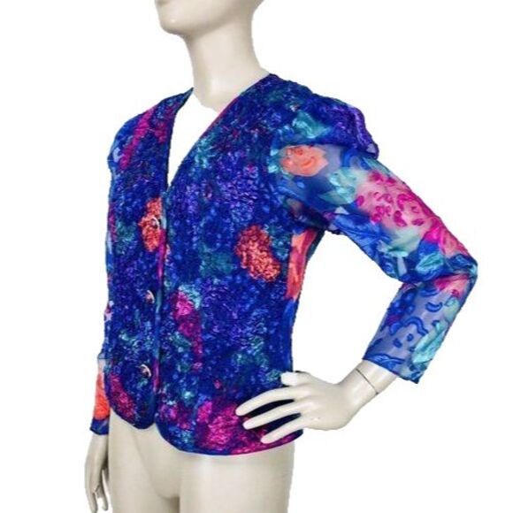 VTG 90s Patra Colorful Chiffon Puff Sleeve Floral Popcorn Buttoned Blouse Jacket - Picture 7 of 10